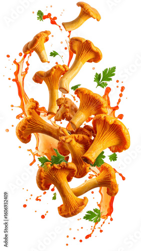 Fresh chanterelle mushrooms with parsley and splashing sauce on transparent background