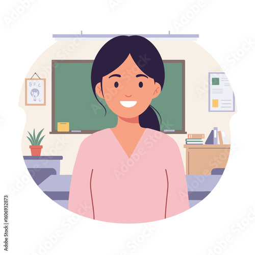 Asian teacher smiling in modern classroom promoting education  