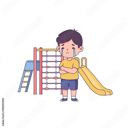 Sad boy with tears standing near playground equipment  