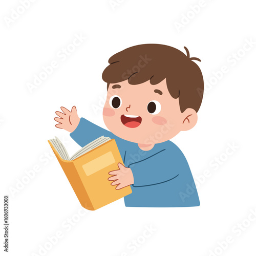 Happy child reaching for a book with excitement in a playful setting  