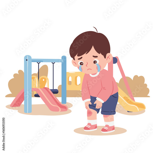 Sad child crying near playground equipment with tears in eyes  