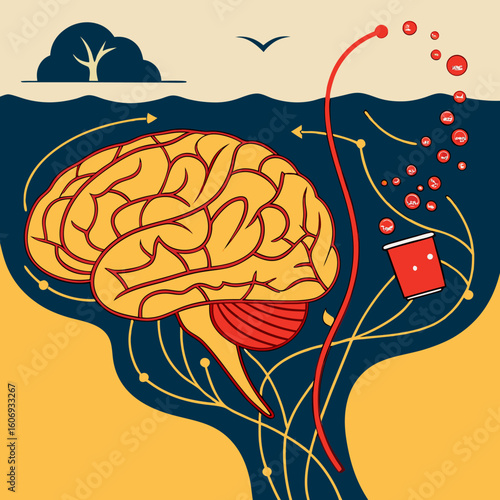 Conceptual vector illustration of brain and microplastics contamination in human health