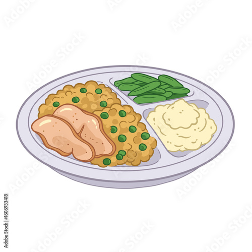 Hot school lunch with chicken, rice, green beans, and mashed potatoes  