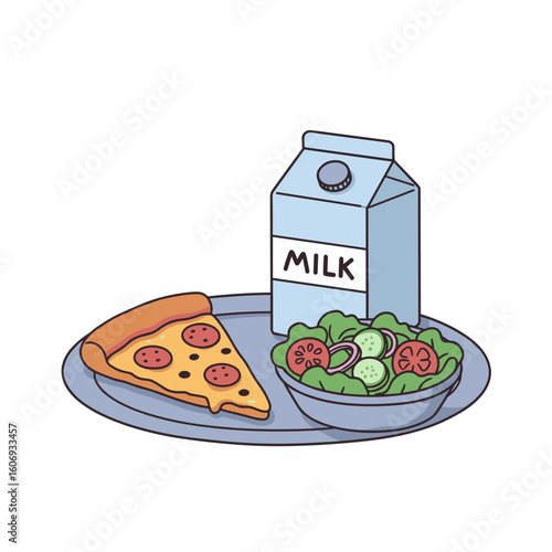 Hot school lunch featuring pizza, salad, and milk on a tray  
