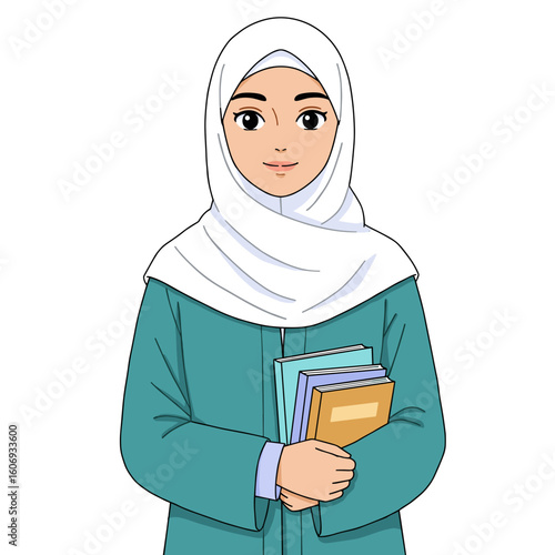Young Muslim woman holding books and smiling in traditional abaya  