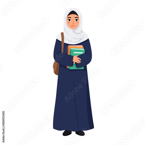 Young Muslim woman holding books and smiling in traditional abaya  