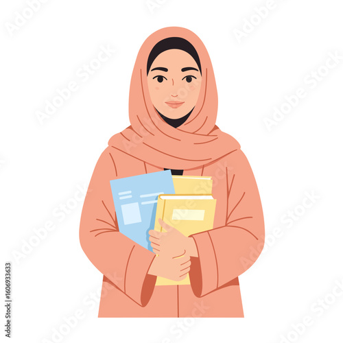 Young Muslim woman holding books and smiling in traditional abaya  