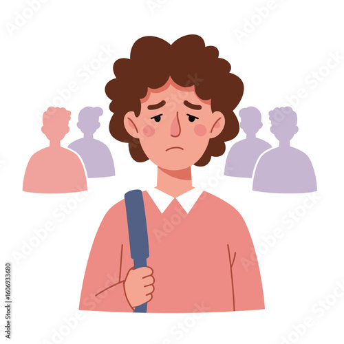 Student left out during activity with sad expression and background figures  