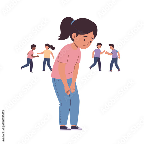 Student left out during activity with sad expression and background figures  