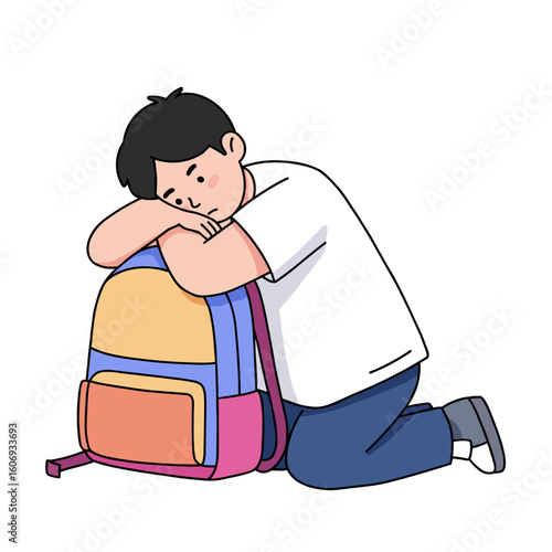 Young student resting head on colorful backpack in classroom setting  