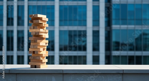 Wooden Jenga tower on a shiny office floor with glass walls and modern city view, symbolizing risk, balance, and business strategy.