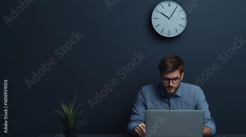 Young businessman concentrating on working with his laptop at night in the office, under pressure to meet deadlines and manage time effectively, potentially experiencing stress