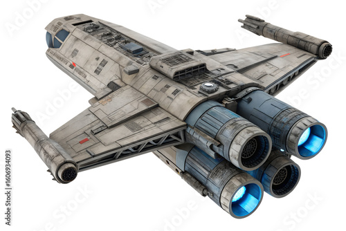 Futuristic gunship with glowing blue engines, a detailed sci-fi patrol craft isolated on a white background. Realistic weathered starship concept.