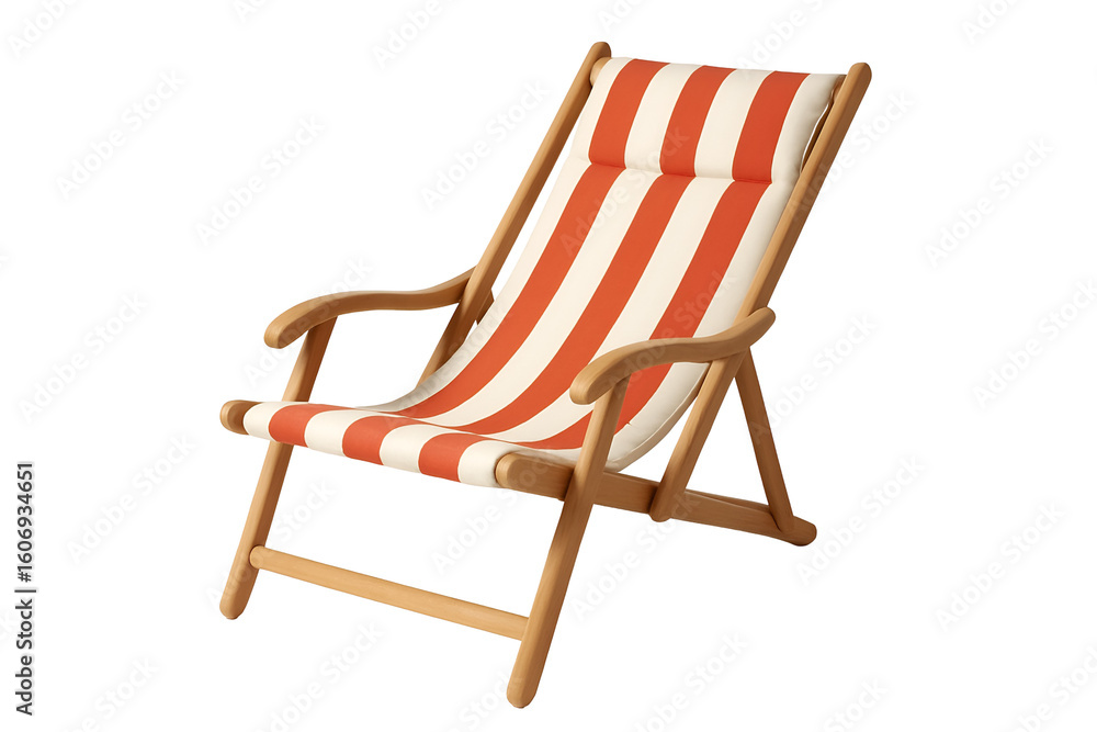 Relaxing beach chair with classic orange and white stripes invites you to unwind in coastal comfort and summer style. Relaxing beach chair with classic orange and white stripes invites you to unwind in coastal comfort and summer style.
