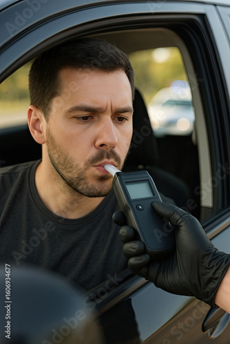 Driver takes breathalyzer test at roadside checkpoint as officer holds device through car window, clear focus on action