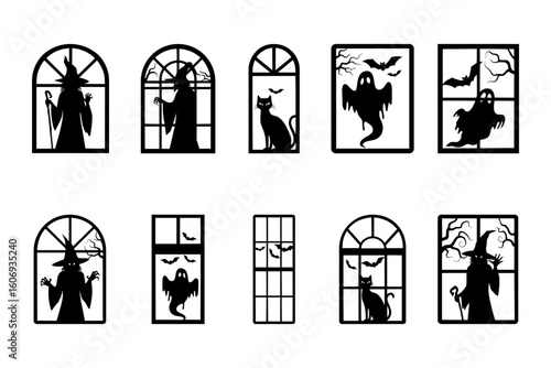 Halloween Window Silhouettes, Spooky Scenes with Witches, Ghosts, and Cats