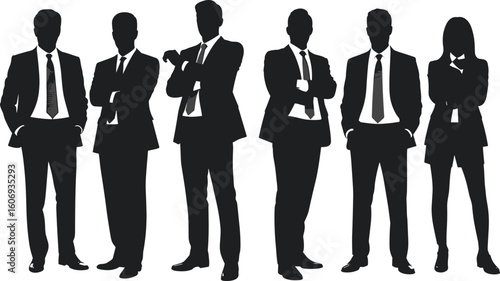Silhouettes of confident business team standing, professional group in formal attire, corporate leadership, teamwork, business success, office professionals, career growth, networking, collaboration