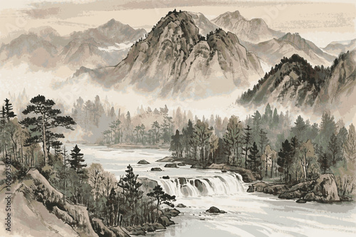 Hushed Vale Quiet river valley scenery isolated watercolor vector illustration svg