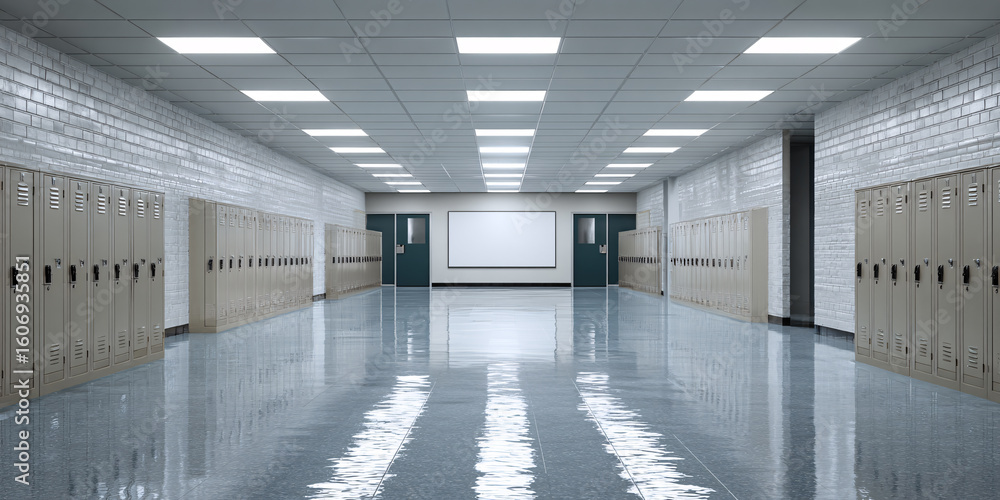 Fototapeta premium Empty School Hallway with Lockers and Bright Fluorescent Lighting, Educational Interior