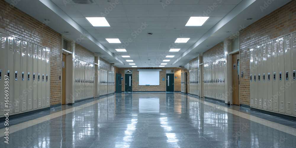 Fototapeta premium Empty School Corridor with Lockers and Bright Overhead Lighting