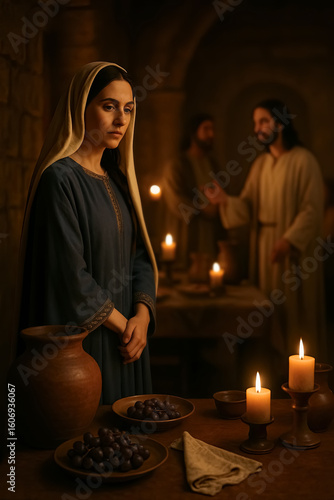 Mary Observing the Moment Before Jesus' First Miracle at the Wedding in Cana with Calm Faith and Gentle Presence