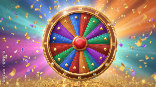 A vibrant and colorful spinning prize wheel with golden confetti. A concept of luck and gaming.