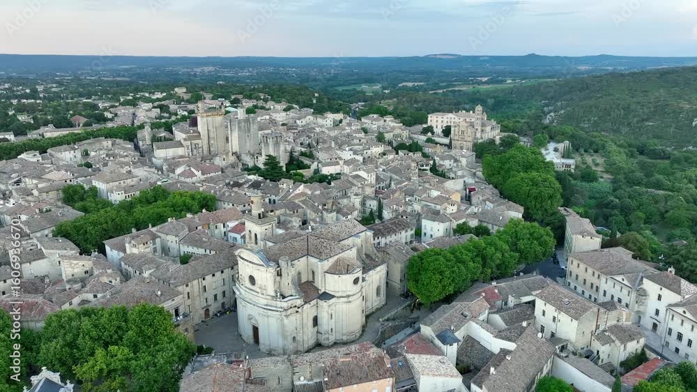 Above View Of Roman Catholic Church Of Saint-Étienne In Uzès, France. Aerial Drone Shot Above View Of Roman Catholic Church Of Saint-Étienne In Uzès, France. Aerial Drone Shot