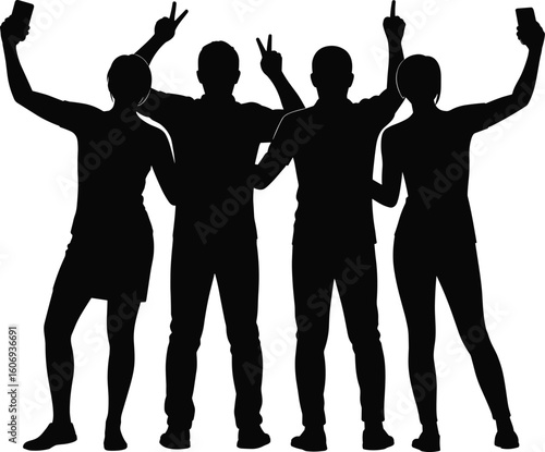 Silhouette of four people taking selfies with smartphones, showing peace signs, casual friends having fun, group selfie, social media moment, celebration joy