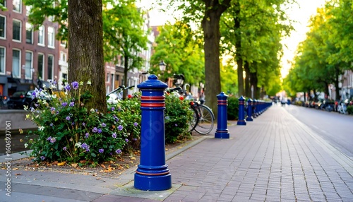 Fototapeta Naklejka Na Ścianę i Meble -  European city street scene with vibrant blue bollards