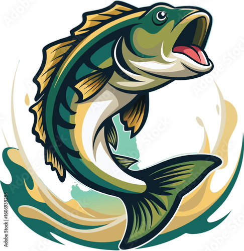 Jumping bass fish with water splashes vector illustration