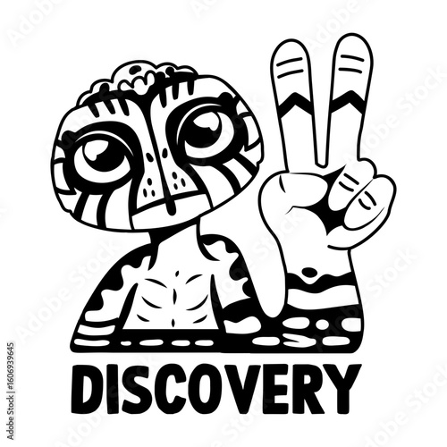 A glyph sticker of alien character doing victory gesture with discovery text 
