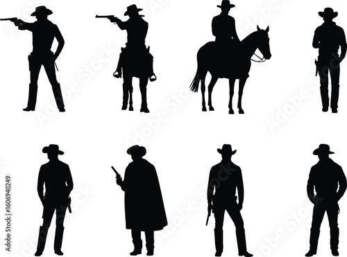 Silhouettes of cowboys with guns, hats, horses, wild west style, western characters, vintage outlaw figures, American culture vector set