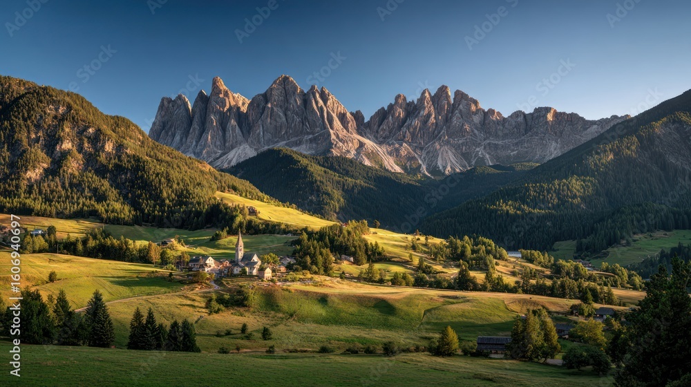 Naklejka premium Village nestled in valley, surrounded by majestic mountains, under a sunny sky
