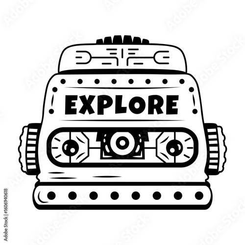 Robotic device with explore typography, glyph sticker

