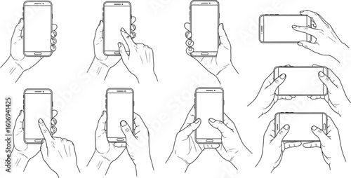 Phone hand holding smartphone mobile device touch screen finger technology outline