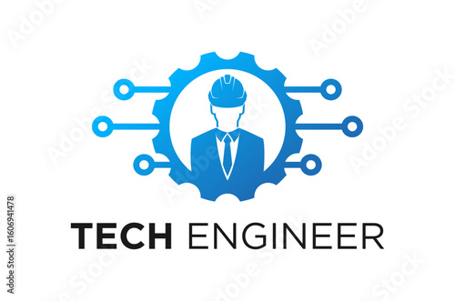Tech engineer icon within a cog gear logo design, circuit line AI technology smart factory vector illustration.