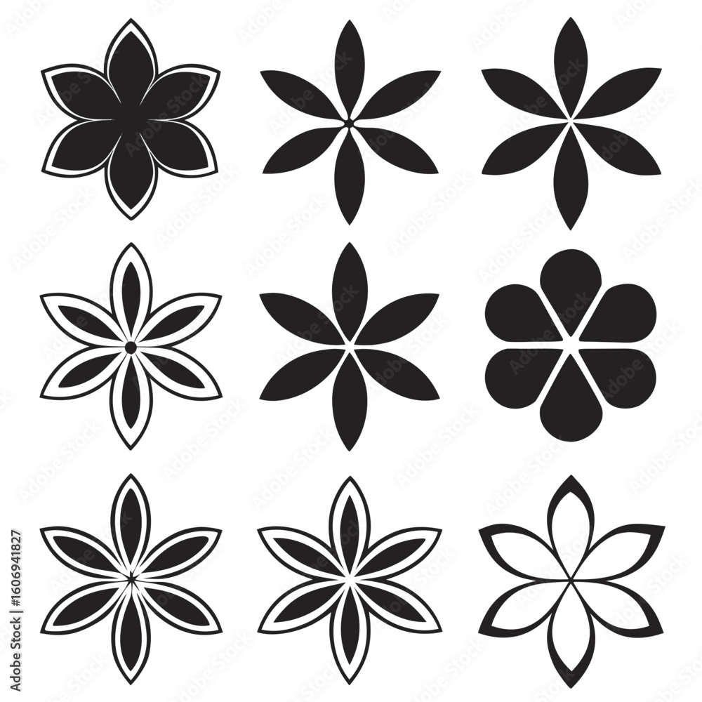Obraz premium Nine black and white abstract floral graphic elements on white background vector