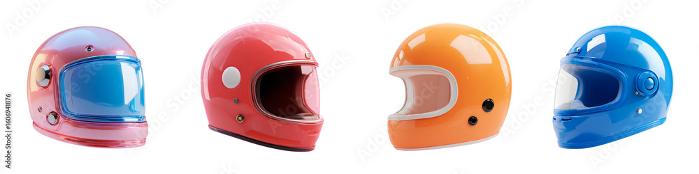 Fototapeta premium Set with 3D helmet icons, clipart collection of different colored helmets with and without protective glasses isolated on a transparent background
