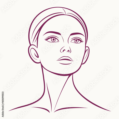 Minimalist purple line art drawing of a woman's face and shoulders portrait
