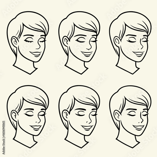 Six black and white line art female face silhouettes with closed eyes and smiles woman girl