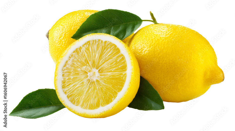 Obraz premium Fresh lemons with green leaves on transparent background