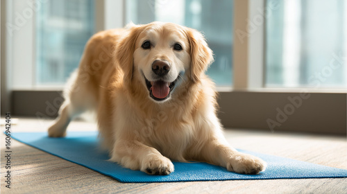 Golden retriever performing yoga poses on fitness mat, showcasing canine balance and flexibility for pet health, ideal for dog wellness blogs and mindful pet training content.