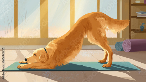 Golden retriever performing yoga poses on fitness mat, showcasing canine balance and flexibility for pet health, ideal for dog wellness blogs and mindful pet training content.