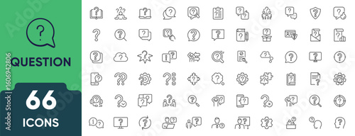 Question Line Icon Set. Set of 66 outline icons including question marks, FAQs, support, help desk, curiosity, inquiry, and information symbols. Editable stroke. Linear vector illustration.