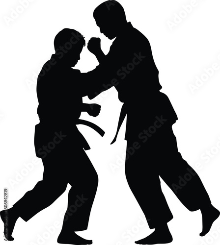 Martial arts silhouette, karate training pose, combat practice, self-defense technique, discipline, sparring session, fight stance, dojo learning, sport action, fitness