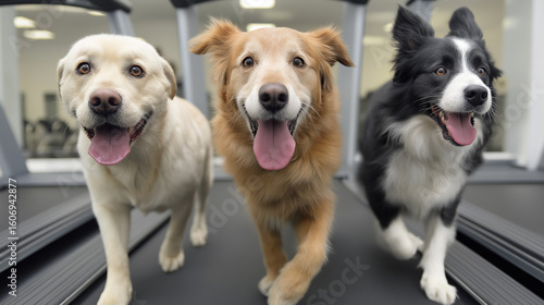 Labrador, golden retriever and border collie running together on treadmill, demonstrating dog fitness concept, maintaining pet health and peak physical condition, ideal for veterinary clinics and pet 
