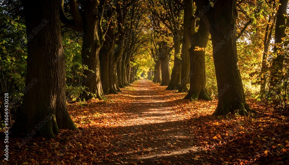 Fototapeta premium Autumnal pathway lined with trees