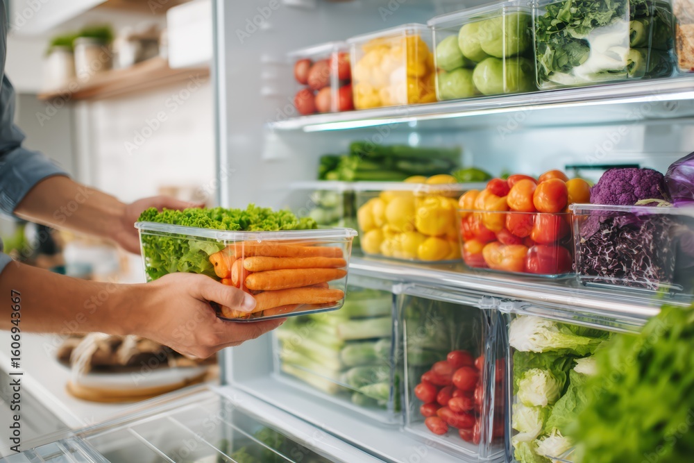 open fridge with layered vegetable boxes arranged by color open fridge with layered vegetable boxes arranged by color
