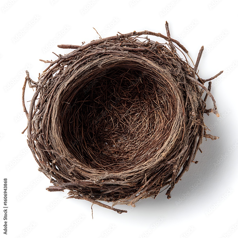 Obraz premium Natural brown empty bird’s nest made of twigs placed gently on clean white background. Perfect for nature visuals, spring themes, and wildlife education. 