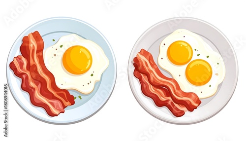 Two plates of breakfast food with eggs and bacon